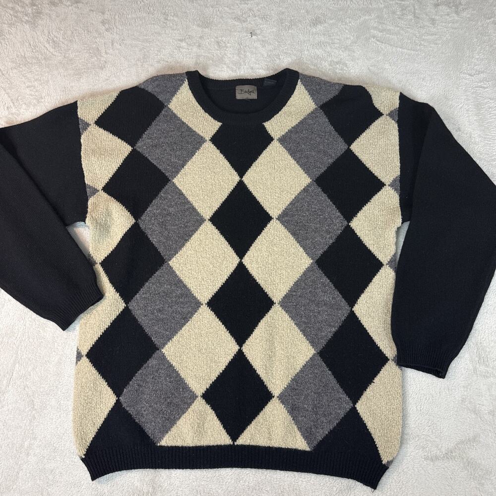 Vintage Bridges Men's Argyle Crewneck Sweater Wool Blend Black Tan XL Preppy
